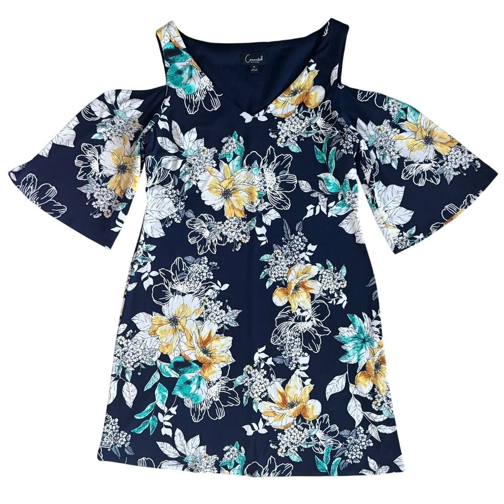 Connected Apparel Floral Print Dress Flowy Midi Dress Size 12 Navy Blue White